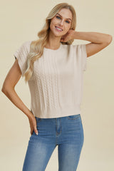 Cable-Knit Round Neck Short Sleeve Sweater