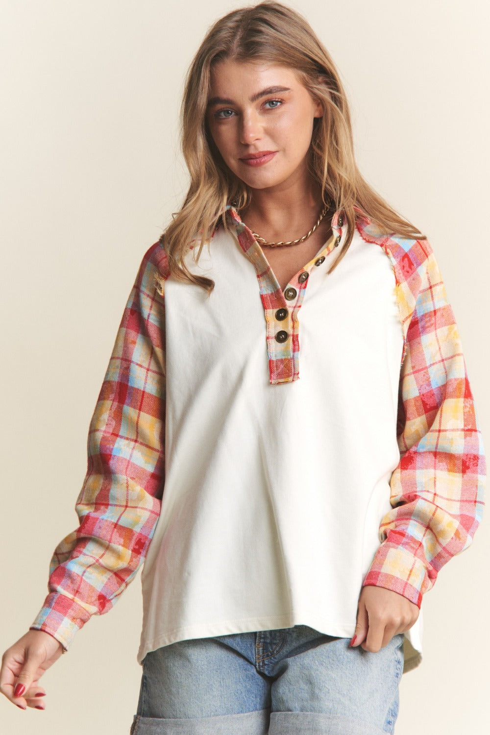 Plaid Contrast Button Down Henley Top