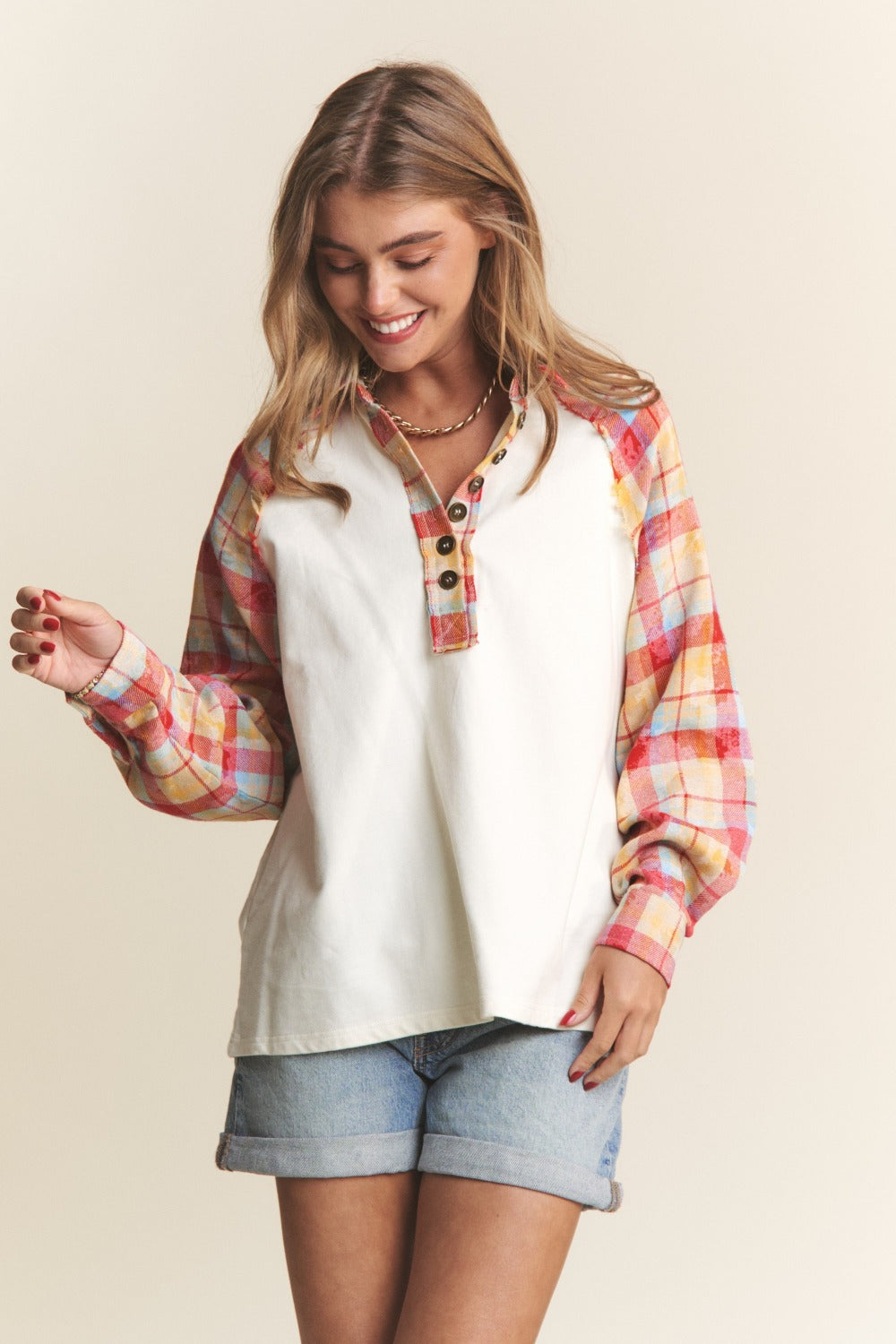 Plaid Contrast Button Down Henley Top