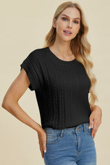 Cable-Knit Round Neck Short Sleeve Sweater