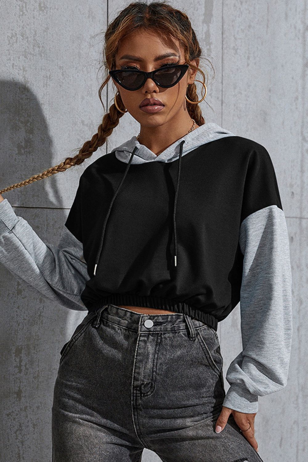 Contrast Long Sleeve Cropped Hoodie