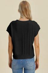 Cable-Knit Round Neck Short Sleeve Sweater