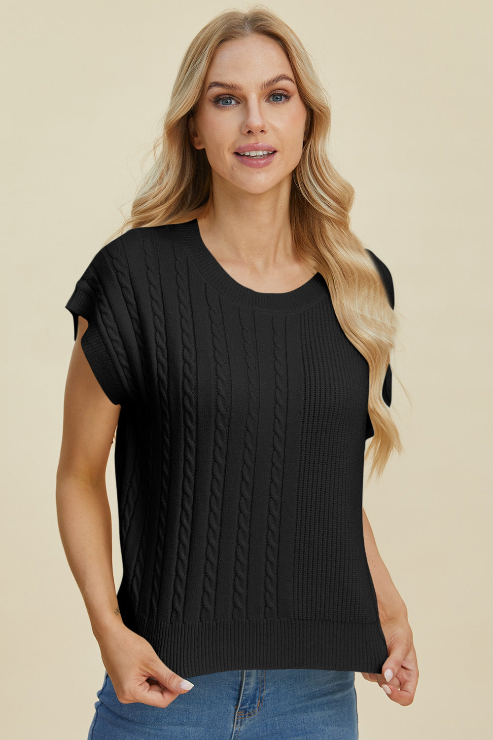 Cable-Knit Round Neck Short Sleeve Sweater