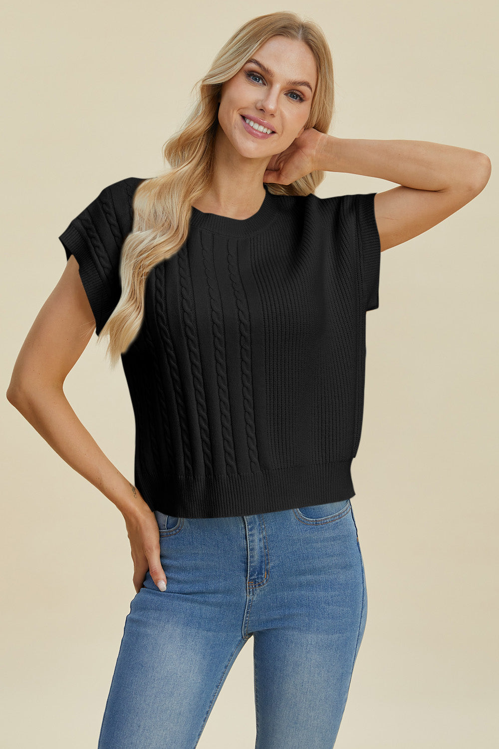 Cable-Knit Round Neck Short Sleeve Sweater