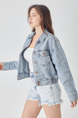 Full Size Button Down Cropped Denim Jacket