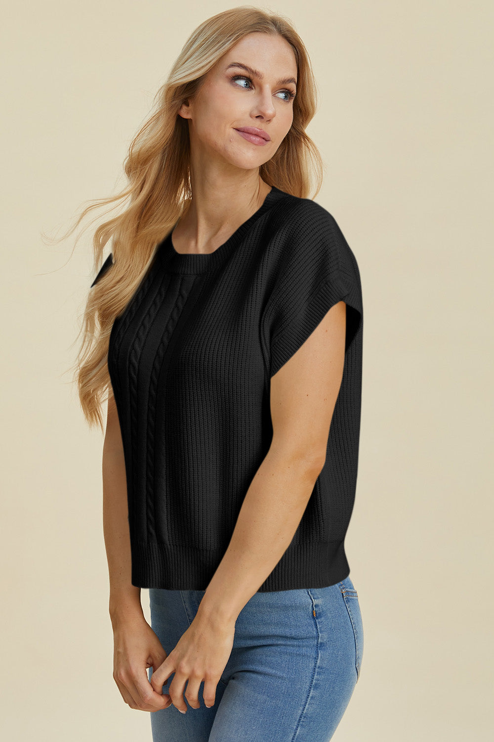 Cable-Knit Round Neck Short Sleeve Sweater