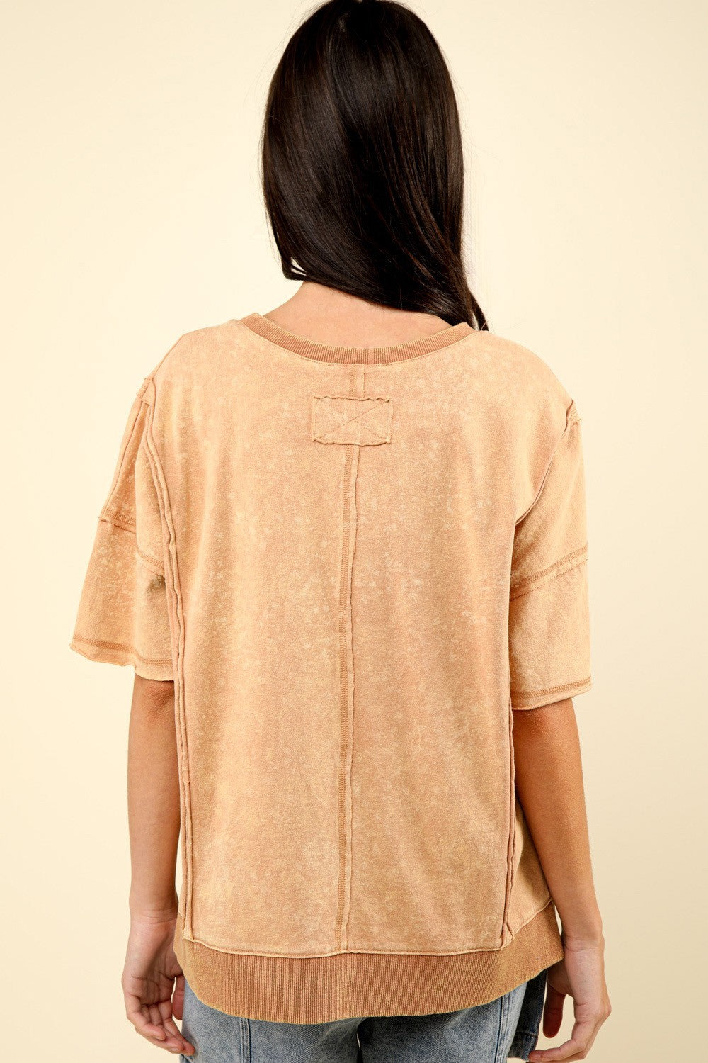 Round Neck Exposed Seam Slit T-Shirt